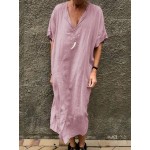 Women Solid Color V-neck Short Sleeve Split Baggy Kaftan Casual Dress