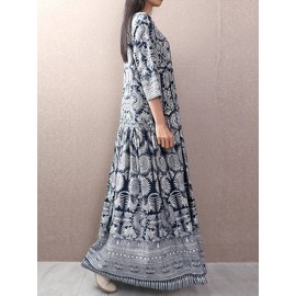 Women Vintage Loose 3/4 Sleeve O-Neck Side Pockets Dress