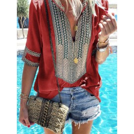 Women Retro Folk Style V-Neck Short Sleeve Blouse