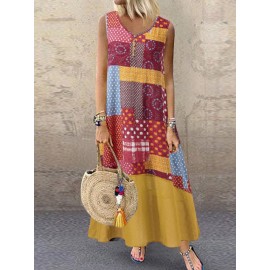 Summer Sleeveless Button Layered Floral Print Long Maxi Dress