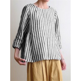 Women Crew Neck 3/4 Sleeve Casual Cotton Striped Blouse