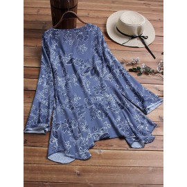 Women Floral Print Loose Irregular Hem Blouse