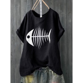 Women Casual Print Fish Bone Short Sleeve Cute T-Shirts