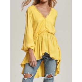 Women Long Sleeve V Neck Loose Casual Blouse Flared Tops