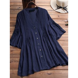 Women Solid Color Hollow Out Patchwork Blouse